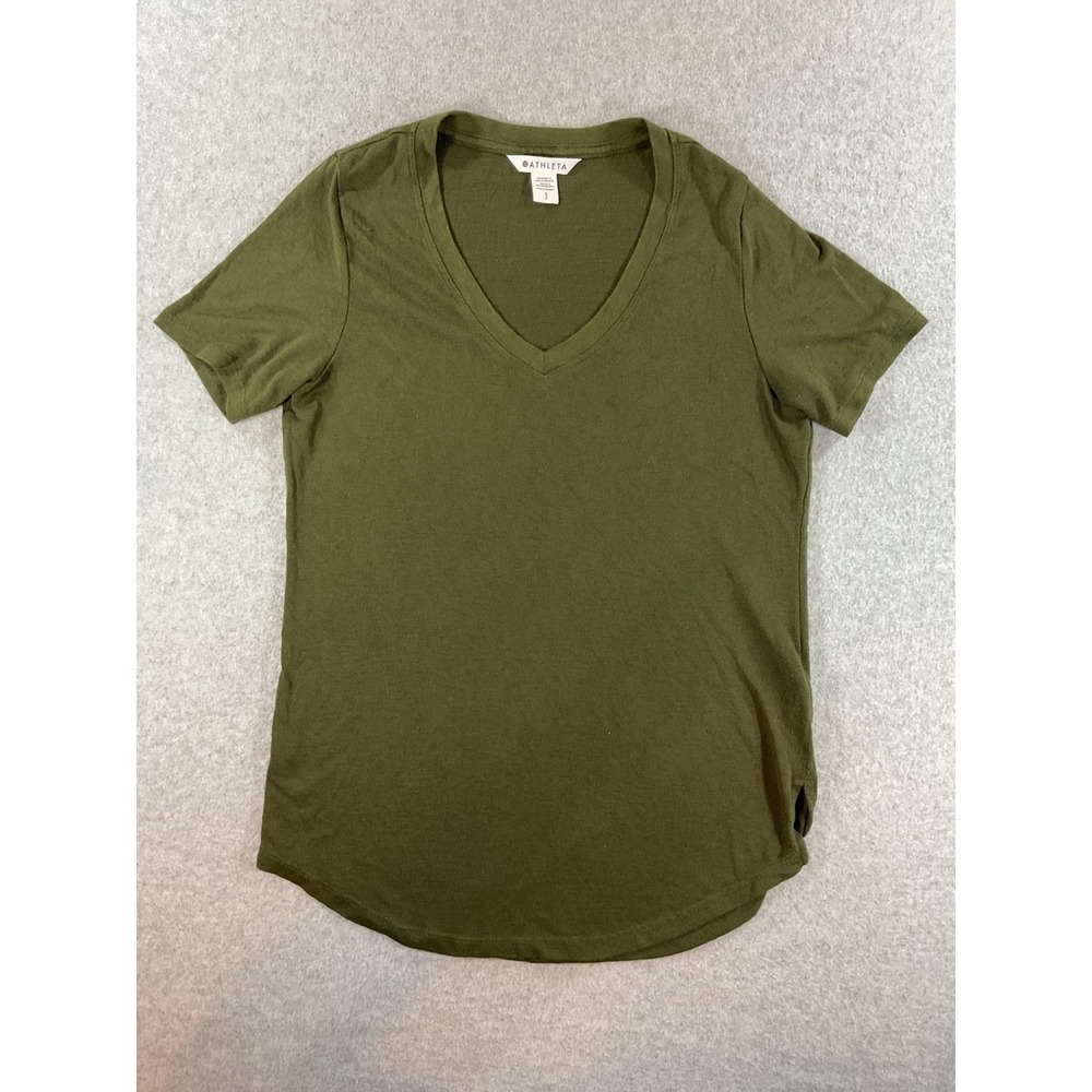 Athleta Breezy Scoop V Tee Olive Green Short Sleeve V-Neck Womens Small #651